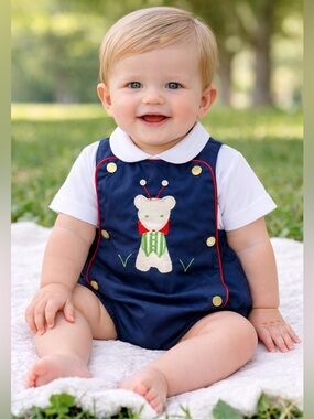 Vintage Baby Boy Jon Jon Romper 3M Navy Bear Applique Outfit